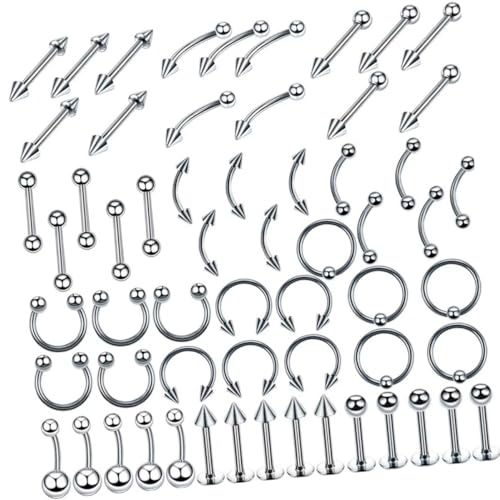 Healvian 120 Stück Teiliges Bauchnabelpiercing Set aus Langlebigem Vielseitiges Körper Schmuck Set mit Nasenringen und Zungenpiercings Silberfarbene Piercing Nägel für Damen und Herren von Healvian