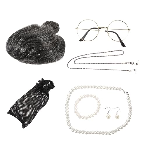 Healvian 1Satz Alte Damenperücke Cosplay Mit Brille Kette Kostümversorgung Für Fasching Halloween Partys Teiliges Für Kreative Verkleidungen von Healvian
