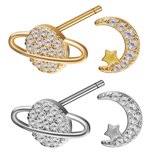 Healvian 2 Paare Asymmetrische Mond Stern Ohrringe Kleine Planet Ohrstecker für Damen und Mädchen Modische Leichte Sichere Ohrschmuck Geschenkidee von Healvian