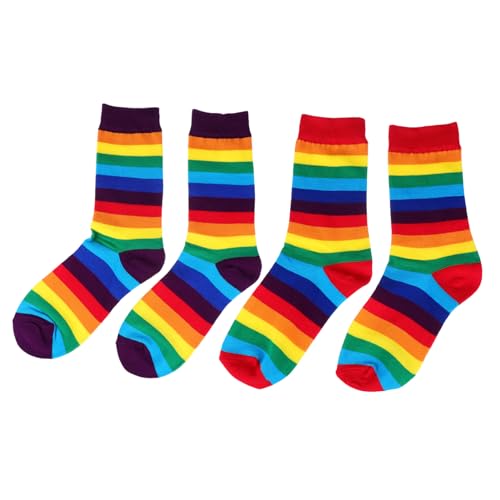 Healvian 2 Paare Baumwollsocken Mittellang Winterstrümpfe Elastisch Atmungsaktiv Warme Regenbogenstreifen für Damen Herren von Healvian