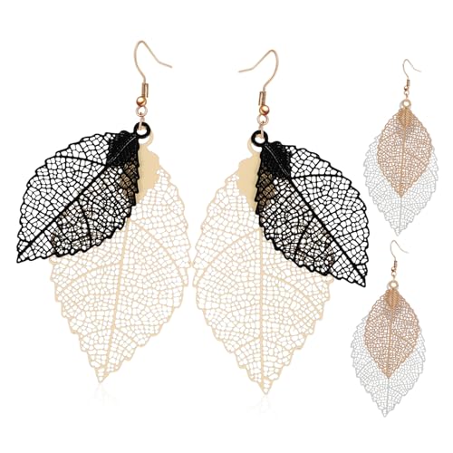 Healvian 2 Paare Damen Ohrhänger mit Doppelten Blattformen Leichte Tropfen Ohrringe Statement Ohrschmuck für Frauen und Mädchen Geschenkset Gold Silber von Healvian