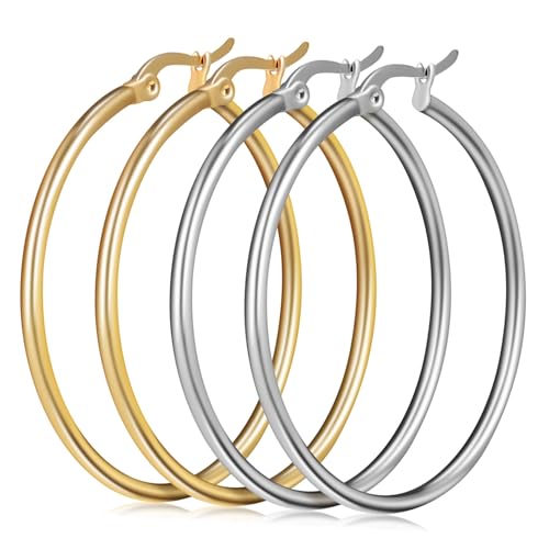 Healvian 2 Paare Große Edelstahl Creolen Ohrringe Übergroße Statement Runde Schmuckgeschenke Modische Kreis Ohrschmuck für Damen Geeignet für Urlaub Strand und Alltag von Healvian