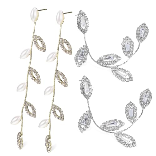 Healvian 2 Paare Lange Ohrringe Damen mit Strass und Perlen Blattform Lineare Ketten Ohrringe Hängend Eleganter Brautschmuck Hochzeit von Healvian
