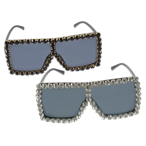 Healvian 2 Stck. Damen Sonnenbrille Große Quadratische Party Sonnenbrillen mit Strass Deko Modisch Robust Schwarz und Glänzend Schwarz Geeignet für Festivals Fotoshootings von Healvian
