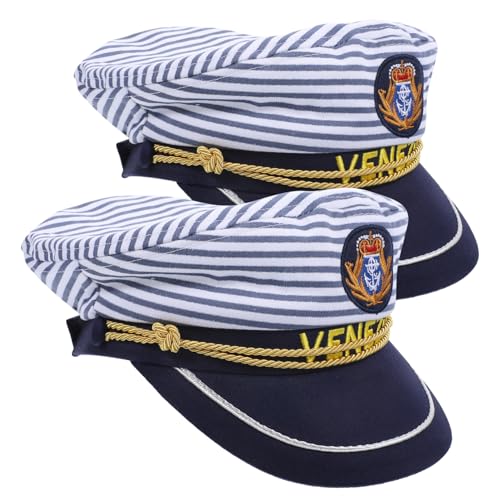 Healvian 2 Stück Baumwoll Kapitänsmütze mit Blau Weißem Streifen Verstellbar für Erwachsene und Langlebig Modisch als Party und Bootsaccessoire für Cosplay und Karneval von Healvian