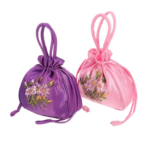 Healvian 2 Stück Bestickte Handtaschen Damen Ethno-stil mit Zugband Geräumige Stofftaschen für Alltag Partys und Geschenke Modische Chinesische Umhängetaschen in Violett von Healvian