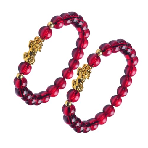 Healvian 2 Stück Ethnisches Vietnam Armband Damen Weinrote Granatperlen Feng Shui Schmuck mit Goldener Pi Yao Figur Stilvolles Wrist Decor Geschenk von Healvian