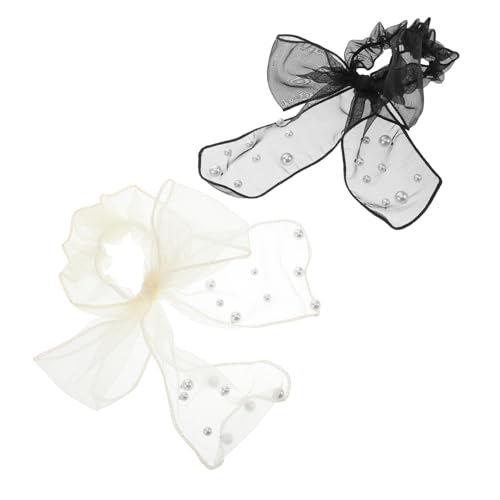 Healvian 2 Stück Große Haargummis mit Perlen und Schleife Elastische Haarschleifen für Damen Vielseitiges Haarband für Dickes und Dünnes Haar Modisches Haaraccessoire mit Mesh Bogen von Healvian