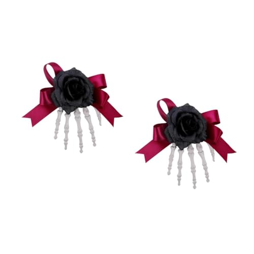 Healvian 2 Stück Halloween Haarklammern für Frauen Leichter Haarclip mit Skelett Hand Stoffrose und Schleife Festliche Haarschmuck für Halloween Partys und Cosplay Kostüme von Healvian