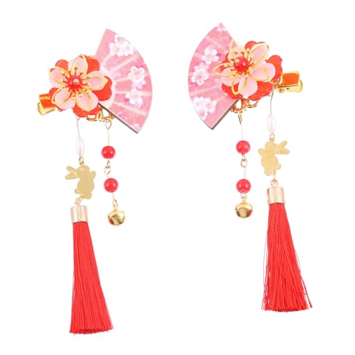 Healvian 2 Stück Japanischer Haarschmuck Fächerförmige Haarklammern mit Quaste Rote Haarspangen Damen Mädchen für Kimono Hochzeit Party Festliche Anlässe von Healvian