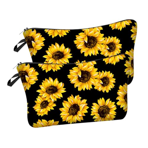 Healvian 2 Stück Kosmetiktasche Sonnenblumen Design Reise Make Up Tasche mit Reißverschluss Langlebig Leicht Praktisch für Make Up und Hautpflege Organizer als für Frauen und Mädchen von Healvian