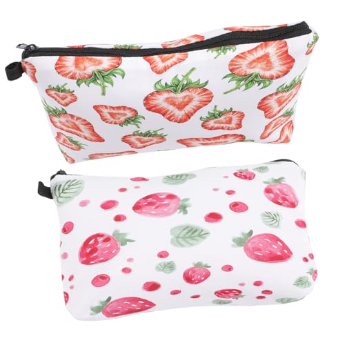Healvian 2 Stück Kulturtasche Damen Tragbare Kosmetiktasche mit Reißverschluss Süßes Erdbeer Motiv Schminkbeutel für Reisen und Alltag Makeup Organizer für Mädchen und Frauen von Healvian