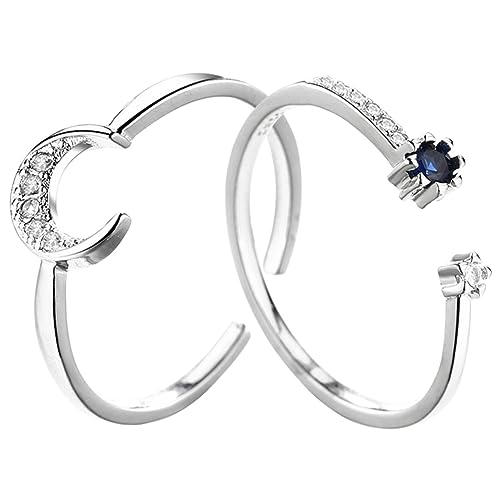 Healvian 2 Stück Offene Statement Ringe für Damen Kreative Retro Kombination mit Blauem Stein und Funkelndem Mondmotiv Verstellbare Schmuckringe für Festival Party und Alltag von Healvian