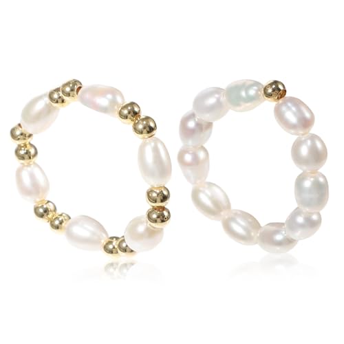 Healvian 2 Stück Perlenring Damen Verstellbar Elastisch Handgefertigt Süßwasser Perlen Schmuck für Geburtstag Weihnachten Frauen von Healvian