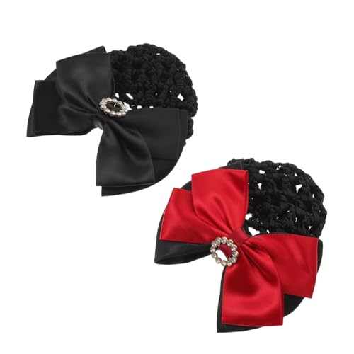 Healvian 2 Stück Rhinestone Schleifen Haarnetz Elastischer Netz Haarklammer Duttabdeckung Französische Haarnetz Clips für Ballett Damen Stabiler Netz Snood für Berufliche Frisuren Rot von Healvian