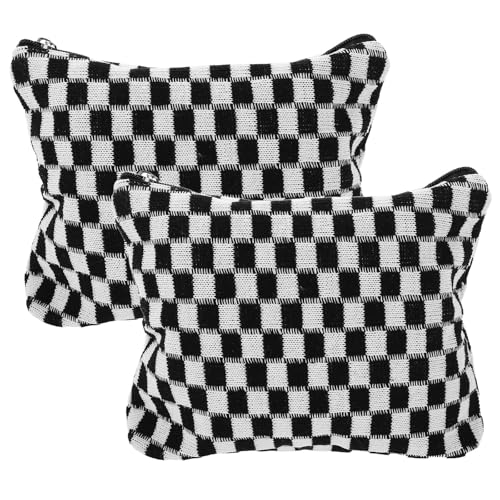 Healvian 2 Stück Schachbrett-Schönheits-Organizer, große Karierte Kulturtasche, gestrickte Kosmetik-Aufbewahrungstasche für unterwegs, für die Heimschule von Healvian