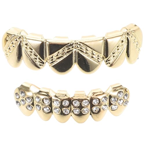 Healvian 2 Stück Teiliges Set Goldene Mundgrills für Halloween Glänzende Ober und Unterzähne Hip Hop Kostümzubehör Lustige Goldzähne für Partys und Events von Healvian