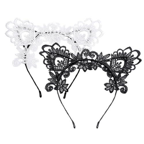 Healvian 2 Stück Teiliges Spitzen Haarband mit Katzenohren Leichtes und Komfortables Haarschmuck Accessoire Schwarz und Weiß Vielseitig für Party Festival und Fotoshooting Geeignet von Healvian