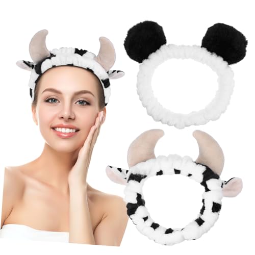 Healvian 2 Weiche Spa Stirnbänder mit Kuh und Panda Elastisch aus Fleece Komfortabel für Gesichtspflege Make Up und Waschen Geeignet für Haarlängen Modisch und Niedlich von Healvian