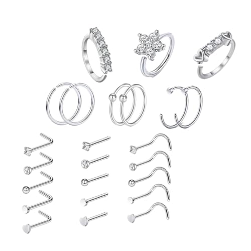 Healvian 24 Stück Teiliges Nasenpiercing Edelstahl mit Zirkonia Modische Nasenringe und Nasenstecker für Damen Hautfreundlich Poliert Vielseitiges Körperschmuck Alltag und Party von Healvian
