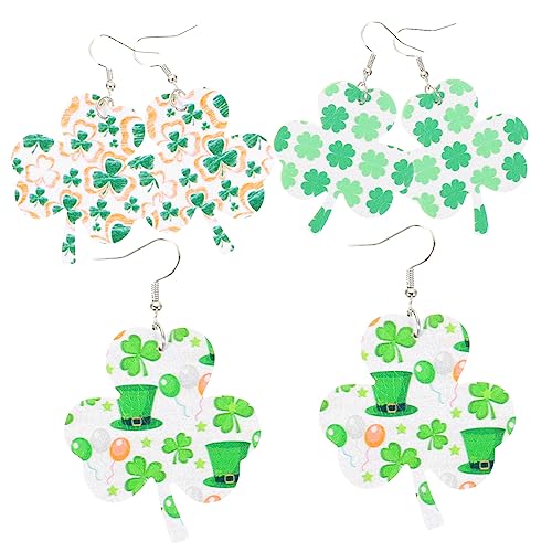 Healvian 3 Paare Patricks Day Ohrringe Damen Kleeblatt Leder Ohrhänger Dangle Earrings für Mädchen Modisch Festlich Kreative Schmuckaccessoires von Healvian