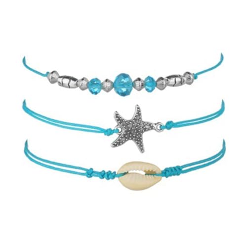 Healvian 3 Stück Boho Fußkettchen Teilig mit Blauen Muschel und Seesternperlen Verstellbar Modischer Fußanhänger Schmuck für Damen und Mädchen Geschenkidee von Healvian