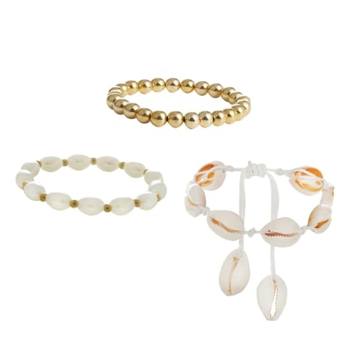 Healvian 3 Stück Teiliges Geometrische Perlenarmbänder Imitation Perlenarmband Muschelarmkette für Frauen Handgelenkskette für Freundinnen Familie von Healvian