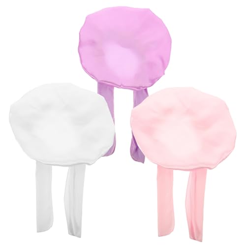 Healvian 3 Stück Teiliges Haube aus Elastischem Satin mit Schleife Weiche Badehaube für Dusche und Schlaf Atmungsaktiv und Bequem Geeignet für Mädchen in Weiß und Lila von Healvian