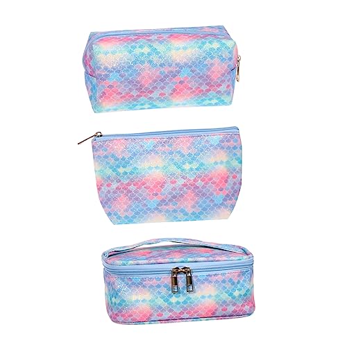 Healvian 3 Stück Teiliges PU Waschtasche Blau mit Fischschuppen Muster wasserdichte Kosmetiktasche Make Up Organizer für Reisen Fitness Camping und Täglichen Gebrauch von Healvian