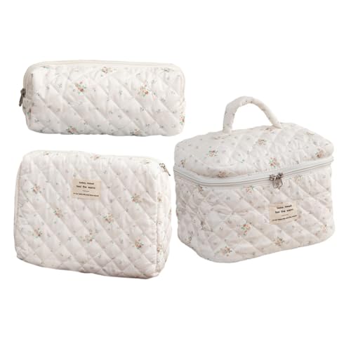 Healvian 3 Stück Teiliges Set Große Kosmetische Tasche mit Floralem Muster Gesteppte Baumwoll Make Up Tasche für Damen Handtasche und Stiftetui für Reisen und Alltagsbedarf von Healvian
