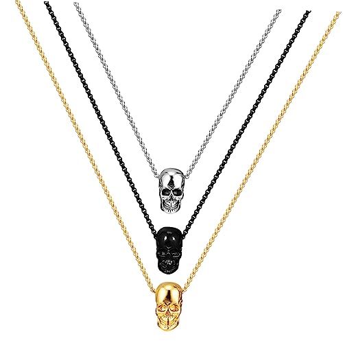 Healvian 3 Stück Teiliges Skull Necklace Herren Kette mit Gothic Schädel Anhänger in Silber Gold und Schwarz Halskette für Teens und Männer für Halloween und Alltag von Healvian