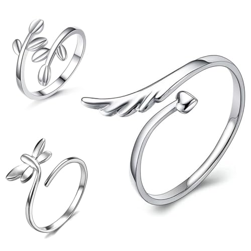 Healvian 3 Stück Verstellbare Offene Kupferringe mit Libellen Flügel Blätterdesigns Filigrane Statement ringe für Damen Elegante Modeschmuck dekoration für Party Cosplay und Alltag von Healvian