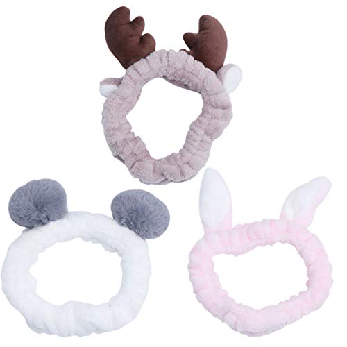 Healvian 3er Set Haarbänder Mit Elastischen Pompons üsch Ohren Und Geweih Kopfband Für Gesichtswäsche Make Up Und Dusche üße Tierdesigns Für Damen Und ädchen von Healvian