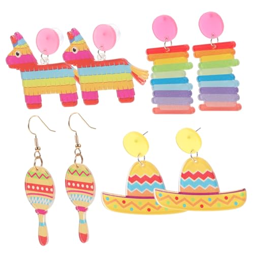 Healvian 4 Paare Fiesta Ohrhänger Mexikanisches Ohrringe Party Schmuck Damen Sommer Karneval Accessoires Gelber Hut Roter Schläger Bunte Schafe Regenbogenstreifen von Healvian
