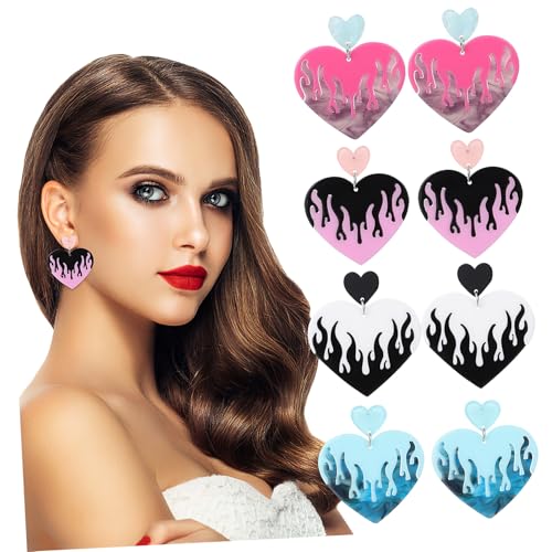 Healvian 4 Paare Herz Dangle Ohrringe für Damen und Mädchen Leichte Ohrstecker mit Flammen herz design Modische Patchwork Schmuckgeschenke Bequem Tragbar für Frühling und Sommer von Healvian