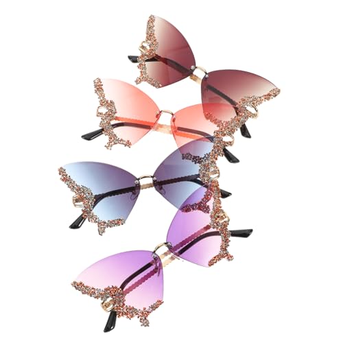 Healvian 4 Stück Damen Sonnenbrillen Retro Schmetterling Sonnenbrille mit Strasssteinen Leicht und Komfortabel Vintage Rahmenlos Uv-schutz für Strandpartys und Outdoor Aktivitäten von Healvian