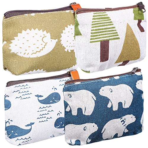 Healvian 4 Stück Kleine Kosmetiktaschen aus Canvas Vielseitige Aufbewahrungstaschen für Damen mit Niedlichen Tiermotiven Bär Igel Wal Baum für Make Up Münzen und Schlüssel von Healvian
