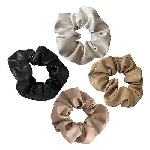 Healvian 4 Stück PU Leder Haargummis Elastische Haarschleifen in Khaki Dunkelbraun für Mädchen und Frauen Rutschfest Minimalistisches Design für Sport Alltag und Feierlichkeiten von Healvian