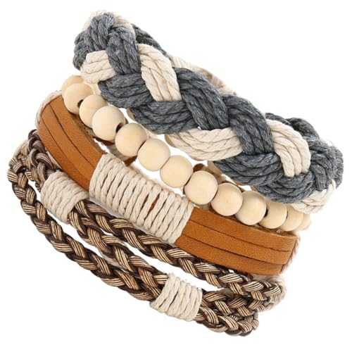 Healvian 4 Stück Teiliges Geflochtene Lederarmbänder mit Holzperlen Trendige Armbänder für Damen und Herren Verstellbare Stapelarmbänder für Alltag Party und Freizeit von Healvian