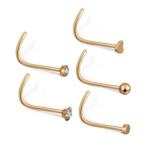 Healvian 5 Stück Teiliges Nasenpiercing aus Edelstahl Goldfarbene Schraubnase mit Korkenzieher Design Sicherer Sitz Minimalistischer Herz Nasenring für Damen Einfach zu Wechseln Modischer von Healvian
