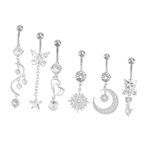Healvian 6 Stück Teiliges Bauchnabelpiercing aus Silberfarbenem Zirkonia Politur Modischer Bauchnabelring Schmuck für Frauen Geeignet für Party Festival Hochzeit und Alltag von Healvian