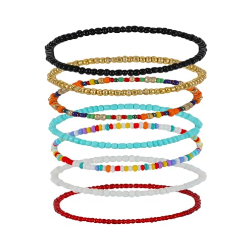Healvian 7 Stück Bunte Perlen Fußkettchen Damen Elastische Single Layer Fußkette Handgefertigtes Armband Schmuck für Alltag Party Fest Geeignet von Healvian