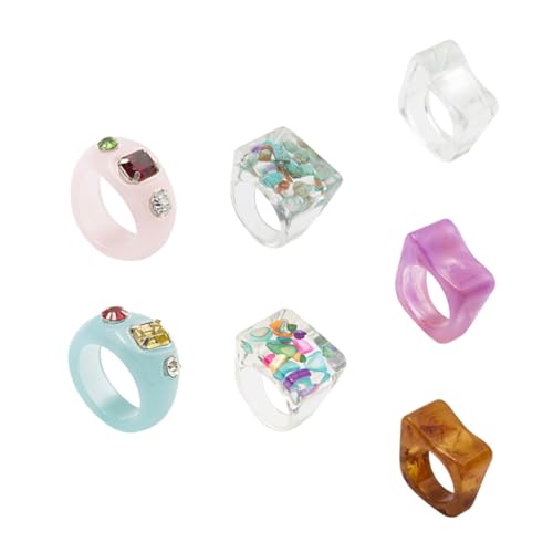Healvian Vintage Damen Ring 7 Stücke Candy Farbe Harz Fingerring Retro Schmuck Breiter Ring mit Design für Festivals und Alltag Kreatives für Frauen von Healvian