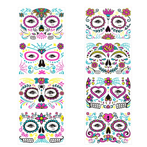 Healvian 8 Blatt Glow in The Dark Halloween Tattoos Neon Temporäre Gesichtstätowierungen für Spaß und Kreativität Hautfreundliche Aufkleber für Erwachsene und Einfach Anzubringen Entfernen von Healvian