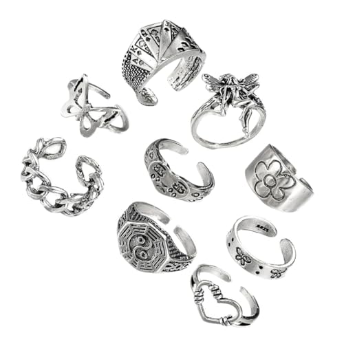 Healvian 9 Stück Teiliges Verstellbares Alloy fingerring Vintage Crying Face Design Offener Schmuckring für Damen und Herren Modischer Festival finger schmuck Leicht Anzulegen und von Healvian