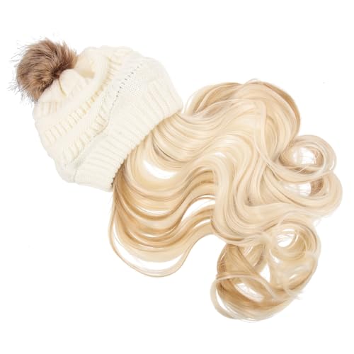 Healvian Beanie Wig mit Abnehmbarer Langer Gewellter Haarverlängerung Strickmütze Damen Weiß mit Goldfarbenem Haar Komfortabel Vielseitig für Cosplay und Winter Kopfbedeckung von Healvian