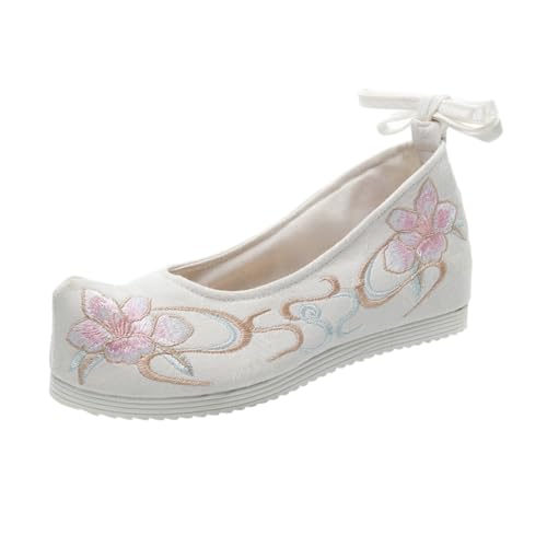 Healvian Bestickte Ethno Sportschuhe mit Dicker Sohle Atmungsaktive Hautfreundliche Seidenschuhe Bequeme Stilvolle Tanzschuhe für Damen Geeignet für Auftritte und Alltag Weiße Hanfu Schuhe von Healvian