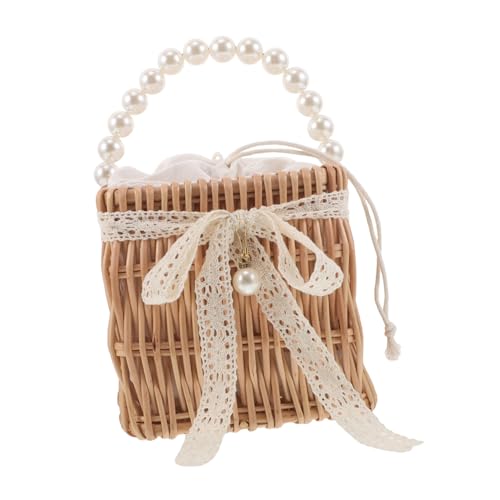 Healvian Boho Rattan Handtasche mit Kunstperlenkette Leichte Geflochtene Umhängetasche für Blumenmädchen Praktischer Schulterkorb für Hochzeiten Partys und Sommerausflüge von Healvian