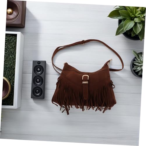 Healvian Boho Wildleder Umhängetasche Damen Retro Fransen Schultertasche mit Ethnischem Muster Handgewebt Vielseitig Kombinierbar für Freizeit und Reisen Dunkelbraun von Healvian