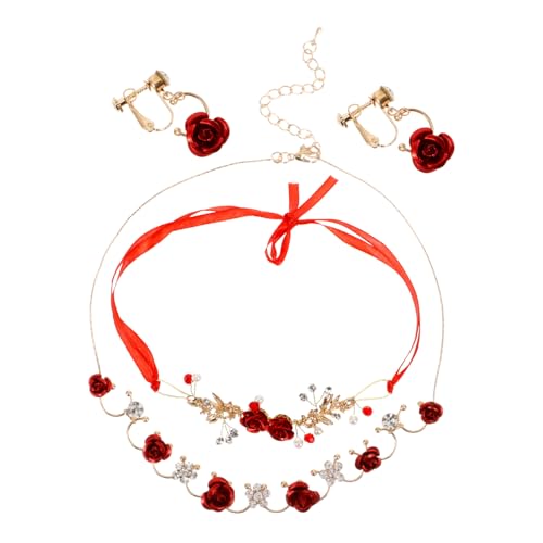 Healvian Brautschmuck Damen Schmuckset mit Roter Rosenverzierung und Funkelnden Strasssteinen Elegantes Halskette Ohrringe Armband für Hochzeit und Festliche Anlässe von Healvian